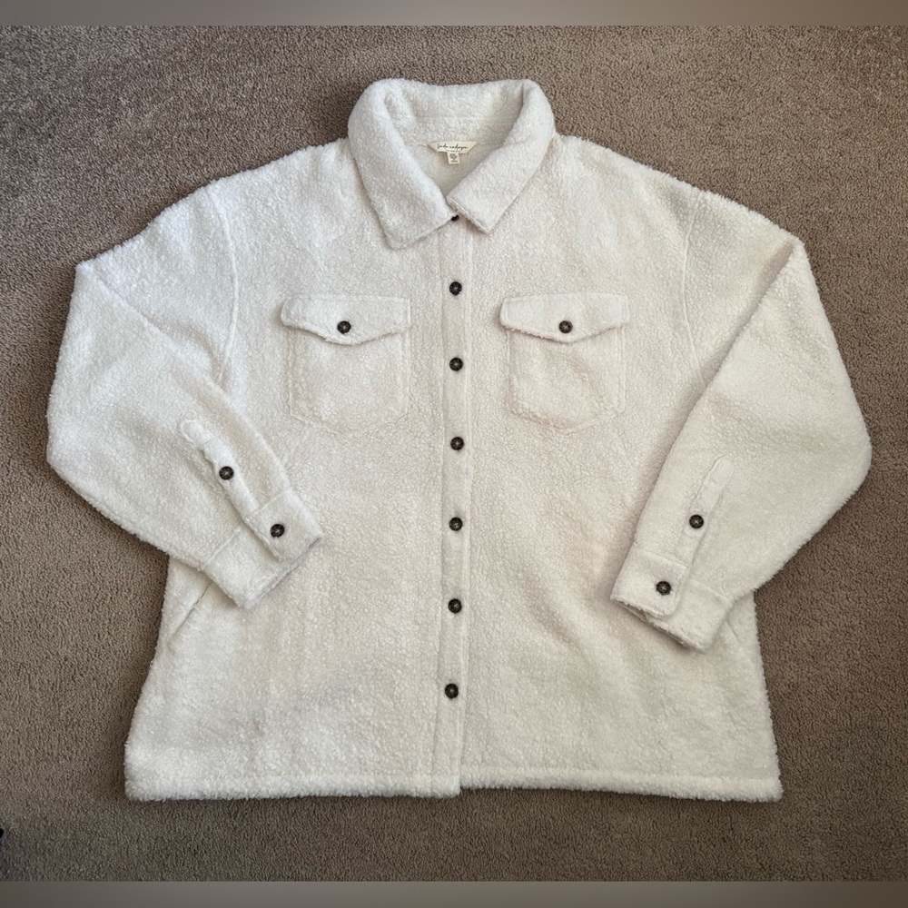Linda Anderson Sherpa Shacket Jacket Women’s XXL Cream Button Front Teddy Fleece